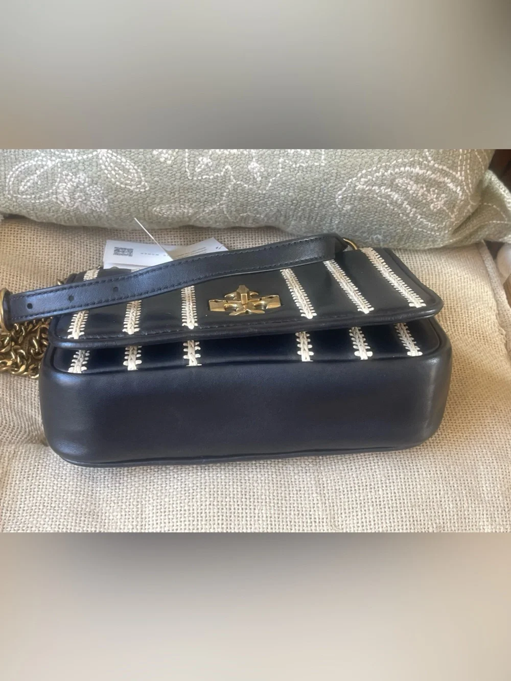 NWT Tory Burch Kira Whipstitch Leather Stripe Chain Shoulder Bag 🖤✨